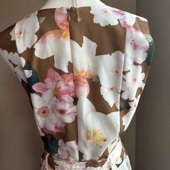 Calvin Klein Size 8 Sleeveless Brown Floral Print Belt w/Ruffle Hem Spring Dress - Picture 8 of 15